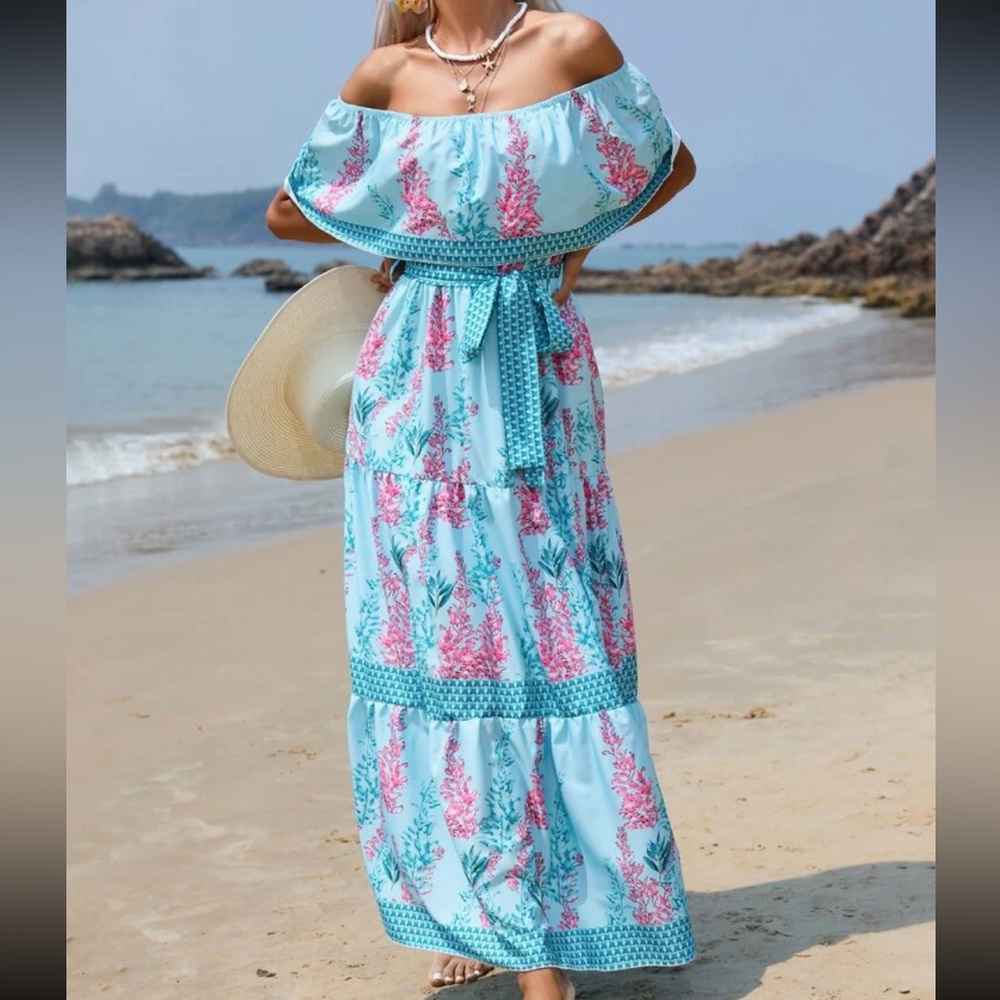 Bohemian Floral Print Off Shoulder Ruffle Maxi Dress Blue - Picture 7 of 7